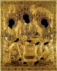 Oklad omslag för den heliga treenighetsikonen av Andrei Rublev, 1600-1625