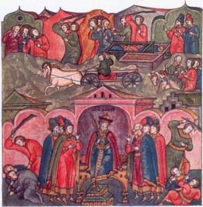 Våld från Moskvas prins Ivan Danilovich och hans grannar Från: The Life of Saint Sergius of Radonezh, 1500-talet