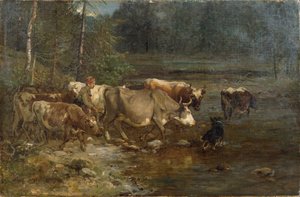 Mjölkerska och kor vid vattenposten (målning) av Anders Askevold