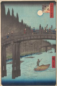 Fullmåne över kanalen, med bro och enorma travar av bambu längs stranden, ca. 1857., ca. 1857. av Ando Hiroshige