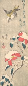 Sparv och snötäckt Camellia Tsubaki, ca. 1845., ca. 1845. av Ando Hiroshige