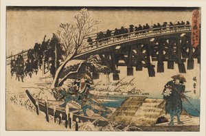 Träblocktryck - Två män i en båt under en bro, 1797-1858 av Ando Hiroshige