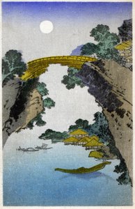 Geografi. Japan. Bro. Träsnitt av Hiroshige i: Femtiotre stationer på Tokaido (1833-1834). Vykort, Japan, ca 1900 (vykort)