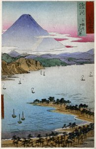 Geografi. Japan. Berget Fuji. Träsnitt av Hiroshige i: Femtiotre stationer på Tokaido (1833-1834). Vykort, Japan, ca 1900 (vykort)