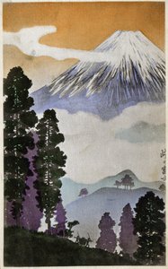 Geografi. Japan. Berget Fuji. Träsnitt av Hiroshige i: Femtiotre stationer på Tokaido (1833-1834). Vykort, Japan, ca 1900. Träsnitt av Hiroshige i: Femtiotre stationer på Tokaido (1833-1834). Vykort, Japan, ca 1900 (vykort)