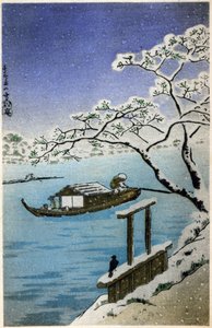 Geografi. Japan. Flod på vintern. Träsnitt av Hiroshige i: Femtiotre stationer på Tokaido (1833-1834). Vykort, Japan, ca 1900 (vykort)