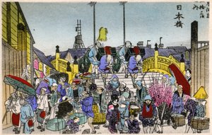 Geografi. Japan - ett land. Morgonglöd vid Nihonbashi (1:a stationen). Träsnitt av Hiroshige i: Femtiotre stationer på Tokaido (1833-1834). Vykort, Japan, ca 1900 (vykort)