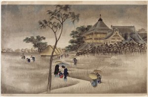 (Stor byggnad med hyddor nedanför) (samma som 17.218) av Ando or Utagawa Hiroshige