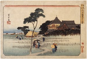 (Stor byggnad med hyddor nedan) av Ando or Utagawa Hiroshige