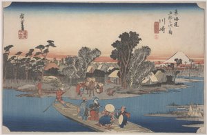 En färja på Rokugofloden av Ando or Utagawa Hiroshige