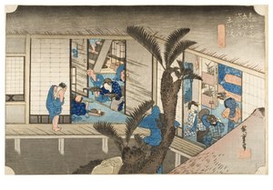 Akasaka: Värdshus med tjänande pigor från serien The Fifty-three Stations of the Tokaido, ca 1831-1834 (träsnitt på papper) av Ando or Utagawa Hiroshige