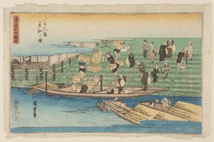 Båtar som lägger till vid Hachikenya (Hachikenya chakusen no zu) (trätryck i färg) av Ando or Utagawa Hiroshige