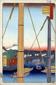 ""Hundra berömda vyer av Edo""(Dagens Tokyo): Inari-bron och Minato-templet i Teppozu. Utsikt över staden Tokyo i Japan med berget Fuji i bakgrunden. (Harbour Shrine och Inari Bridge at Teppozu (Hundra Famous Views of Edo). Japan print av Ando or Utagawa Hiroshige