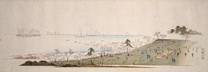 Cherry-Blossom Time, människor som picknickar på Gotenyama (träblock i färg) av Ando or Utagawa Hiroshige