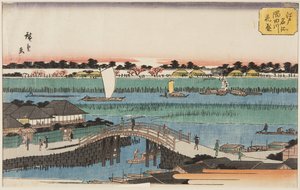 Körsbärsblommor i full blom längs Sumidafloden (Sumidagawa hanazakari) (träblock i färg) av Ando or Utagawa Hiroshige