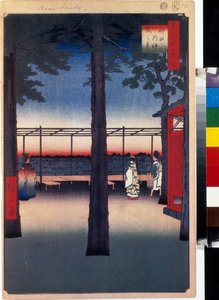 Japanskt träklosstryck: gryning vid Kanda Myojin-templet (Tokyo, Japan). Serie hundra berömda vyer av Edo. (Gryning vid Kanda Myojin-helgedomen, hundra berömda vyer av Edo). Verk av Utagawa Hiroshige (1797-1858), träsnitt (39x26 cm) av Ando or Utagawa Hiroshige
