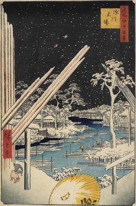 Fukagawa Lumberyards, 1856 av Ando or Utagawa Hiroshige