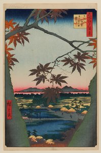 Lönnträd vid Mama, Tekona-helgedomen och Linked Bridge av Ando or Utagawa Hiroshige