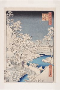 Meguro Drum Bridge och Sunset Hill (Meguro Taikobashi Y?hinooka) (trätryck i färg) av Ando or Utagawa Hiroshige