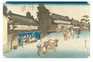 Narumi: Famous Arimatsu batikfärgat tyg från serien The Fifty-three Stations of the Tokaido, ca 1831-1834 (träsnitt på papper) av Ando or Utagawa Hiroshige