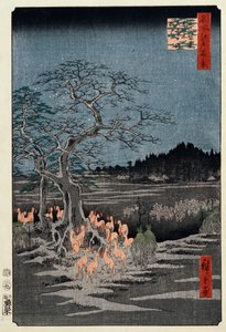 Nyårsafton räveldar vid nässlan, Oji, från serien, "One Hundred Famous Views of Edo av Ando or Utagawa Hiroshige