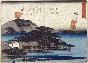Night Rain At Karasaki (träblock i färg) av Ando or Utagawa Hiroshige