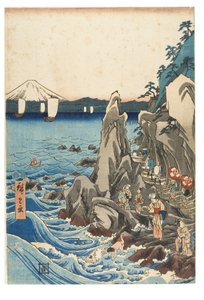 Pilgrimsfärd till utställningen av Benzaiten-statyn i Iwayas huvudhelgedom i Enoshima i provinsen Sagami, ca 1847-1852 (träblocktryck på papper) av Ando or Utagawa Hiroshige