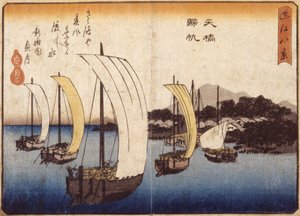 Returning Sails At Yabase (träblock i färg) av Ando or Utagawa Hiroshige