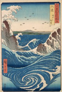 Rough Seas at the Whirlpools of Awa, från Views of Famous Places in the Sexty-Odd Provinces, pub.1855 (träblock i färg)