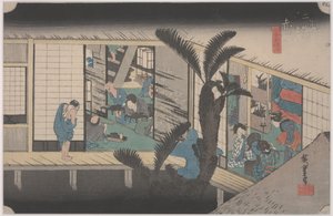 Scen på ett värdshus av Ando or Utagawa Hiroshige
