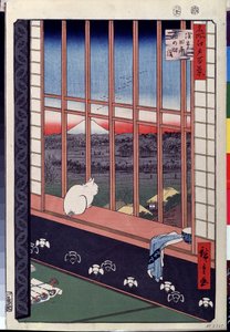 Serien ""De hundra berömda utsikterna över Edo"": ""Risfälten i Asakusa under tuppfestivalen, en katt som sitter på fönsterbrädan"" (En katt som sitter på fönstersätet) Tryck av Utagawa Hiroshige (1797-1858) ) 1800-tals Pushkin-museet Moskva av Ando or Utagawa Hiroshige