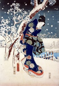 Snow Scene in the Garden of a Daimyo, en del av Triptych (silkscreen) av Ando or Utagawa Hiroshige