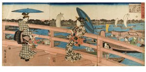 Sunset Glow at Ryogoku Bridge från serien Eight Views of Famous Places in Edo, c.1843-1847 (träblock på papper) av Ando or Utagawa Hiroshige