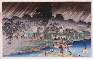 Twilight Shower at Tadasu Bank", från serien "Famous Places of Kyoto" Ando Hiroshige av Ando or Utagawa Hiroshige