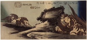 Två lejon på en klippa (trätryck i färg) av Ando or Utagawa Hiroshige