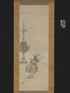 Två kvinnor med hattar som dansar (bläck och färg på siden) av Ando or Utagawa Hiroshige