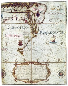 Karta över Sydamerika, i Universa och Navigabilis Totius Terrarum Orbis Descriptio 1559 (färgmanuskript) av André Homem