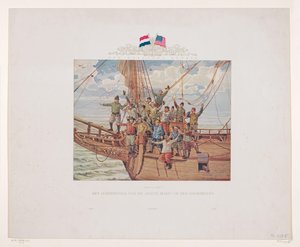 Henry Hudsons skepp, Halve Maen, närmar sig den nordamerikanska kusten, 1609 Land i sikte! Fartygets besättning på Halve Maen på fören (titel på objekt) av André Vlaanderen