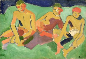 Tre figurer sittande på ett grässtrå (olja på duk) av Andre Derain