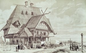 Hotell och pensionat, illustration från "Picturesque Journey to Russia", 1839 av Andre Durand