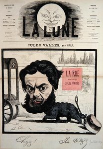 Karikatyr av Jules Valles omslagsillustration från tidningen "La Lune", juli 1867 (lito i färg) av Andre Gill