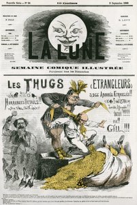 Tecknad film om "Thugs", en kult av främlingar, dyrkare av Kali som utrotats av brittiska bosättare. Tecknad av Gill, i "The Moon", 2 september av Andre Gill