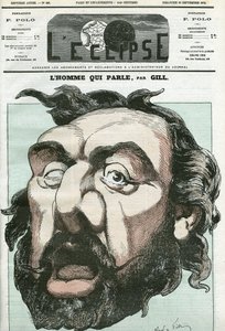 Tecknad film om "mannen som talar", Leon Gambetta (1838-1882), fransk politiker. Omslag i "" L
