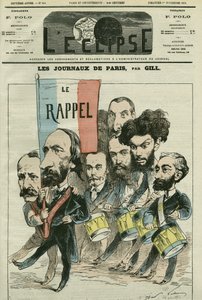 Tecknad ""återkallelsen"" av Republique av tidningarna i Paris, med Paul Meurice (1818-1905), Auguste Vacquerie (1819-1895), Gaulier, Blum, Lefevre, D