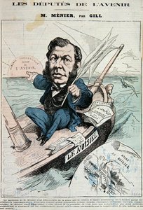 Emile-Justin Menier (1826-81) (lito i färg) av Andre Gill