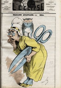 Madame Anastasia med censurens sax Anastasia symboliserar censur av press och publicering och tar förmodligen sitt namn från påven Anastasius I, som förbjuder vissa böcker som inte motsvarar kristen kosmologi. Illustration av Andre