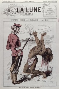 "Order Reigns in Zuzuland", karikatyr av den engelska koloniseringen av Sydafrika från "La Lune Rousse", 1879. av Andre Gill