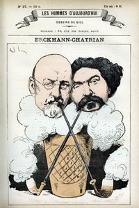 Porträtt av Emile Erckmann (1822-1899) och Alexandre Chatrian (1826-1890), franska romanförfattare. Tecknad av Gill, i "Les Homme d