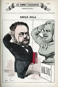 Porträtt av Emile Zola (1840-1902), fransk man av bokstaven. Karikatyr av Gill, Paris. av Andre Gill