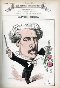Porträtt av Olivier Metra (1830-1889), fransk skådespelare, populär kompositör. Tecknad av Gill, i "Les Homme d